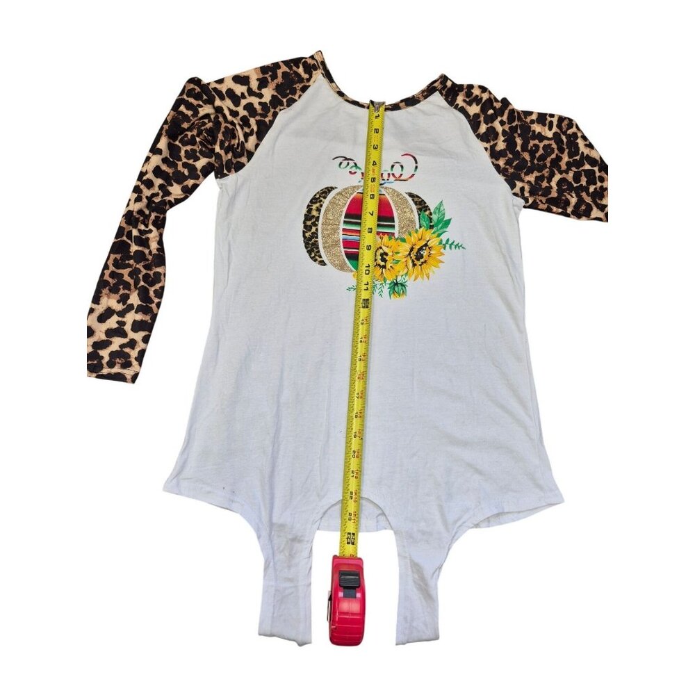 Leopard Print Raglan Long Sleeve Top With Colorful Pumpkin & Sunflower Design XL - Picture 5 of 5